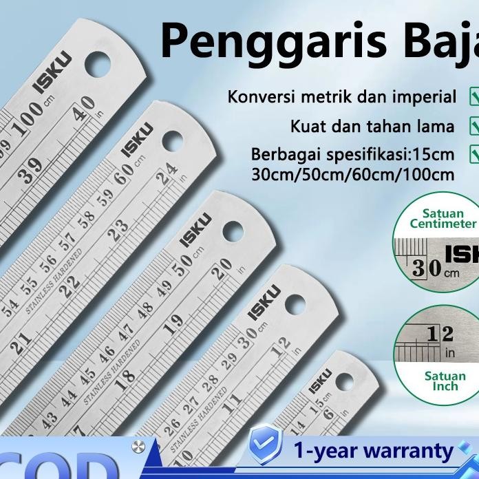 

Isku Penggaris Besi 15305060100Cm Stainless Steelskala Dua Sisi Ruler