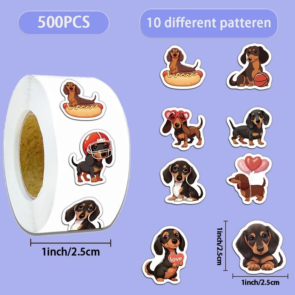 

500Pcs Cute Sausage Dog Cartoon Roll Sticker, Hand Account Envelope Seal Sticker, Waterproof Decorative Sticker