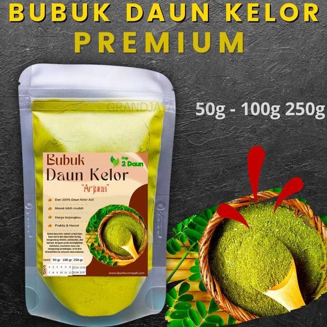 

JH8 Daun Kelor Bubuk Murni Kemasan 50g 100g dan 250g Cap dua daun hemat lengkap
