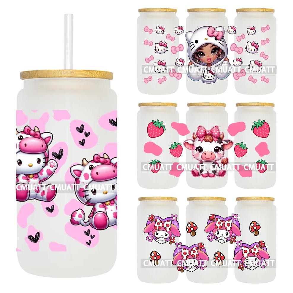

Cute Baby Cow Pink Cartoon Cat 16Oz Uv Dtf Cup Wrap Transfer Stickers Custom Labels Diy Waterproof Logo For Libbey Glass Can