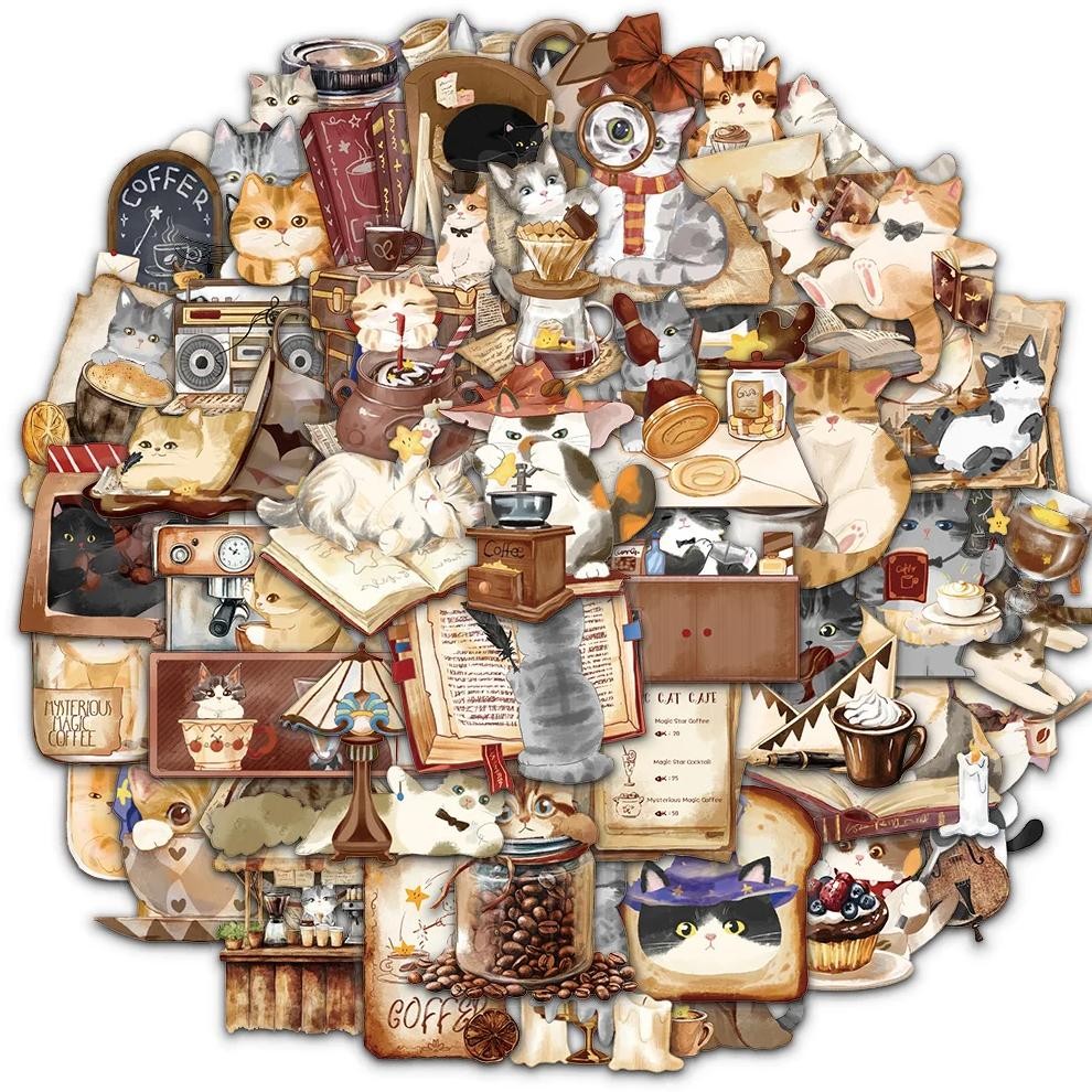 

50Pcs Cute Cartoon Magic Cats Cafe Creative Graffiti Stickers Phone Scrapbook Skateboard Guitar Notebook Waterproof Decoration