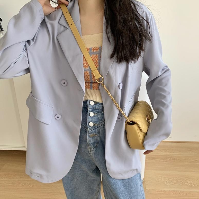 Brand Ai-Yc Pengiriman 24 Jam Hitam Pink Biru Korea Blazer Wanita Lengan Panjang Setelan Jas Blazer 