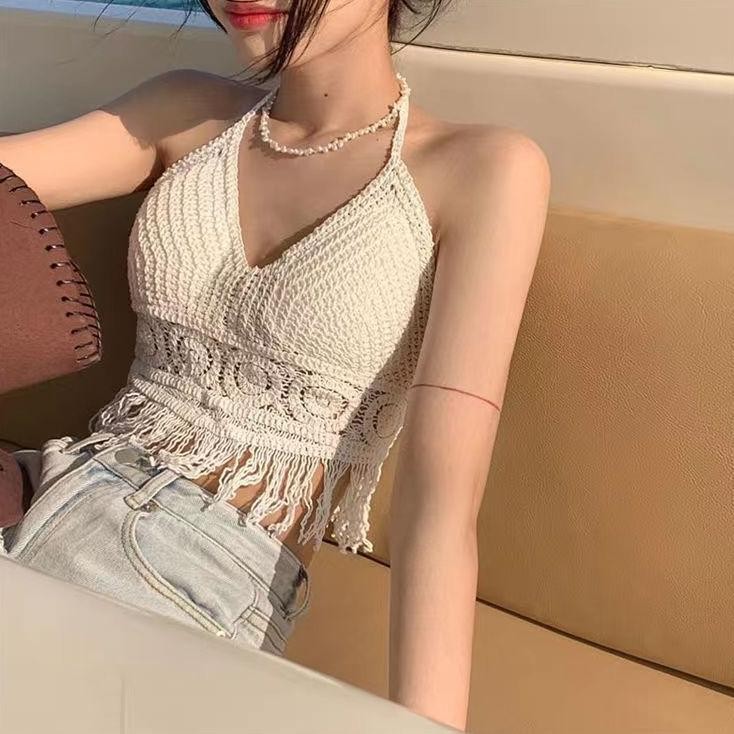 Rompi Rajutan Tank Top Wanita Murah Vest Rajut Wanita Korean Vest Crochet Rajut Rumbai Rompi Crop To
