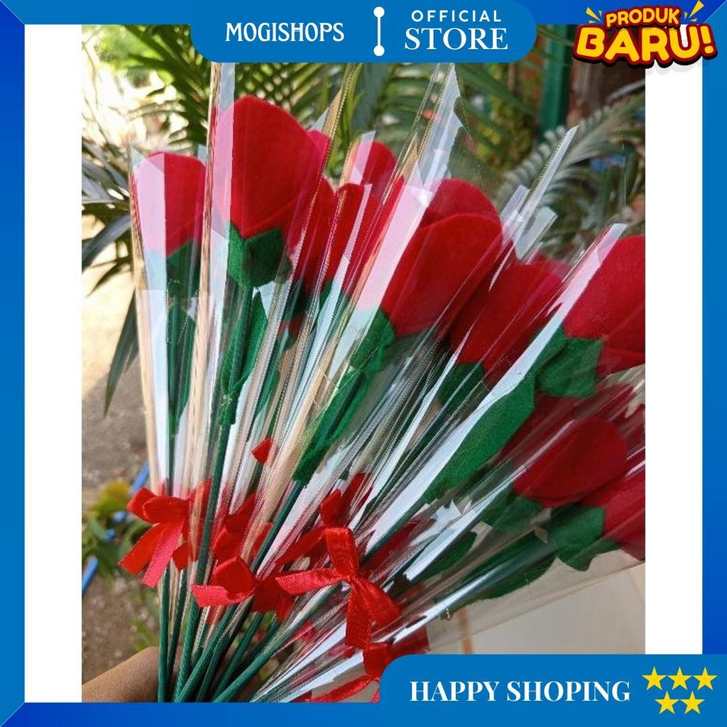 

[Ready]Bunga Mawar Kain Flanel Gratis Bungkus Plastik Pita Promo 6.6