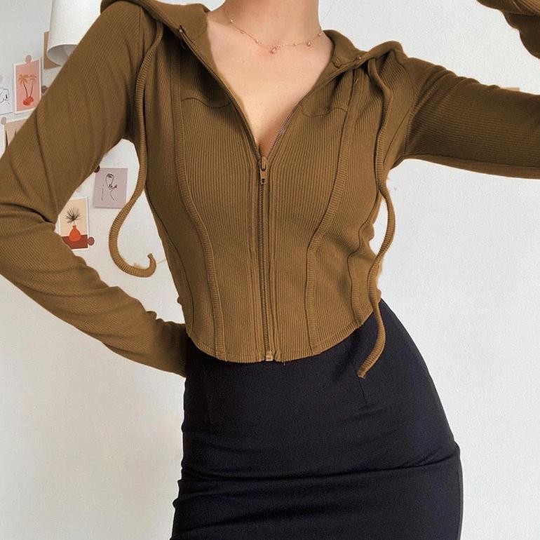 Long Sleeve Reina Hoodie Crop Top Zipper / Jaket Zipper