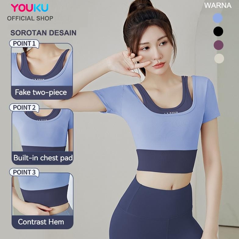 YoukuKaos Olahraga Slim Fit Wanita Tank Top Lari Kebugaran Lengan Pendek Dua Potong Palsu Atasan Cep