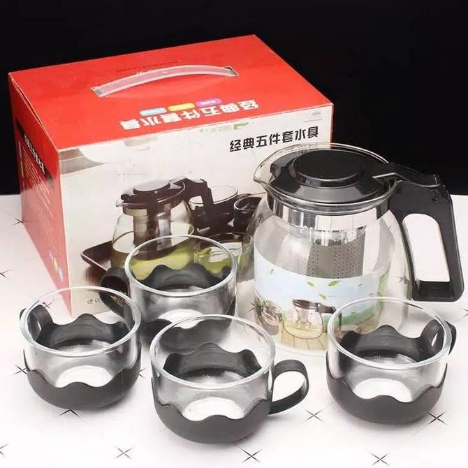 ```````] TEA POT SET 5 IN 1 TEKO KACA SARINGAN