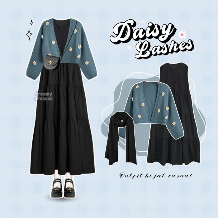 3in1 One Set Baju Wanita Remaja Kekinian (Hijab+Cardigan+Dress) OOTD Korean Style Hits - Set 277