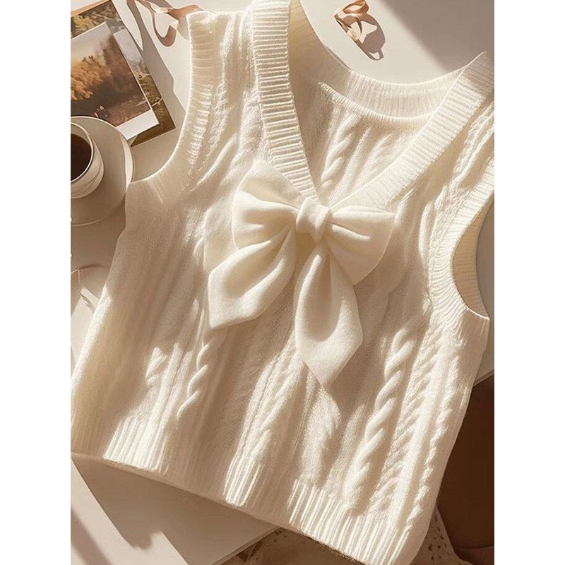 Atasan Sweater Rajut Warna Solid dengan Pita v Rompi Tanpa Lengan