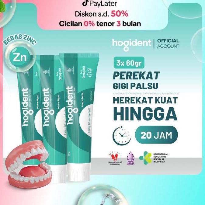

[SUPER HEMAT] Hogident Lem Perekat Gigi Palsu Tahan hingga 20 jam - Bundling 3pcs 60gram DS