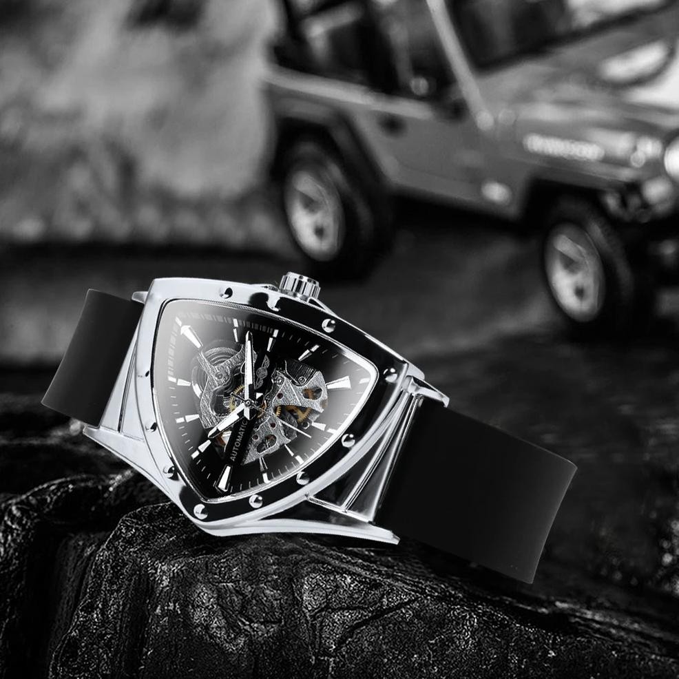 WINNER Sports Triangle Skeleton Automatic Men Watch Luminous Pointers Fashion Rubber Strap Luxury Mi