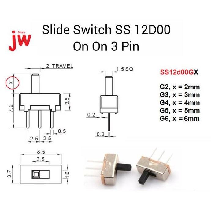 Baru 2 Buah SS12D00 SS12D00G2 SS12D00G3 Saklar Geser Mini Slide Switch On Off 3 Pin 2 Way SPDT jwel3