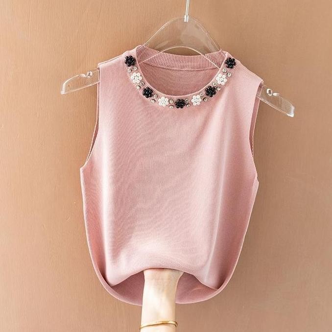 HCLL Atasan Lengan Buntung Kombinasi Mutiara Acria - Baju Atasan Rajut Import Premium ht