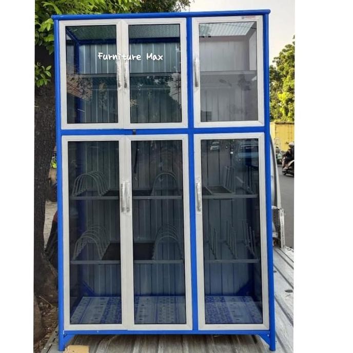 Rak piring aluminium full kaca 3 pintu kaca riben kaki GT