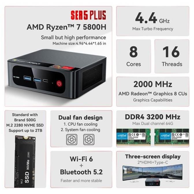Mini Pc Beelink Ser5 Pro 5800H Amd Ryzen7 32/500Gb Nvme Windows 11 Pro New Stok