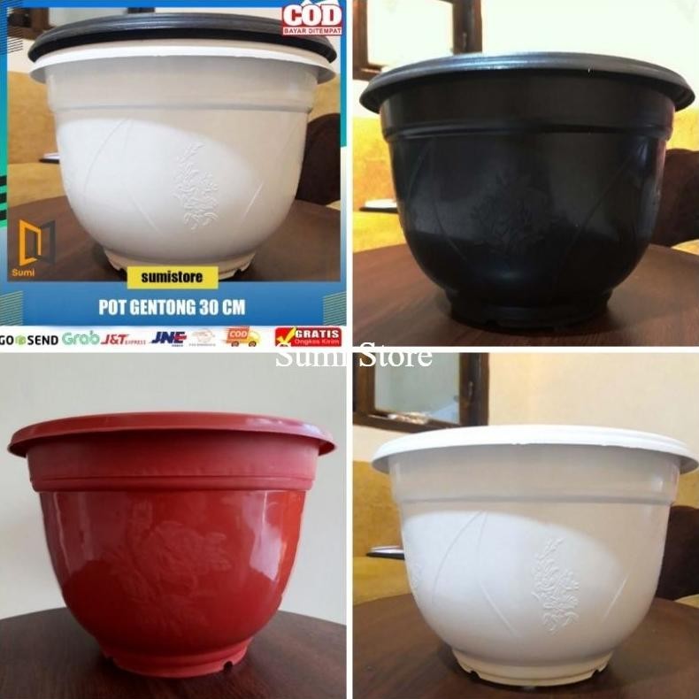 Pot Gentong 30 Cm/ Pot Jumbo/ Pot Bunga Putih- Hitam 30 Cm Trending