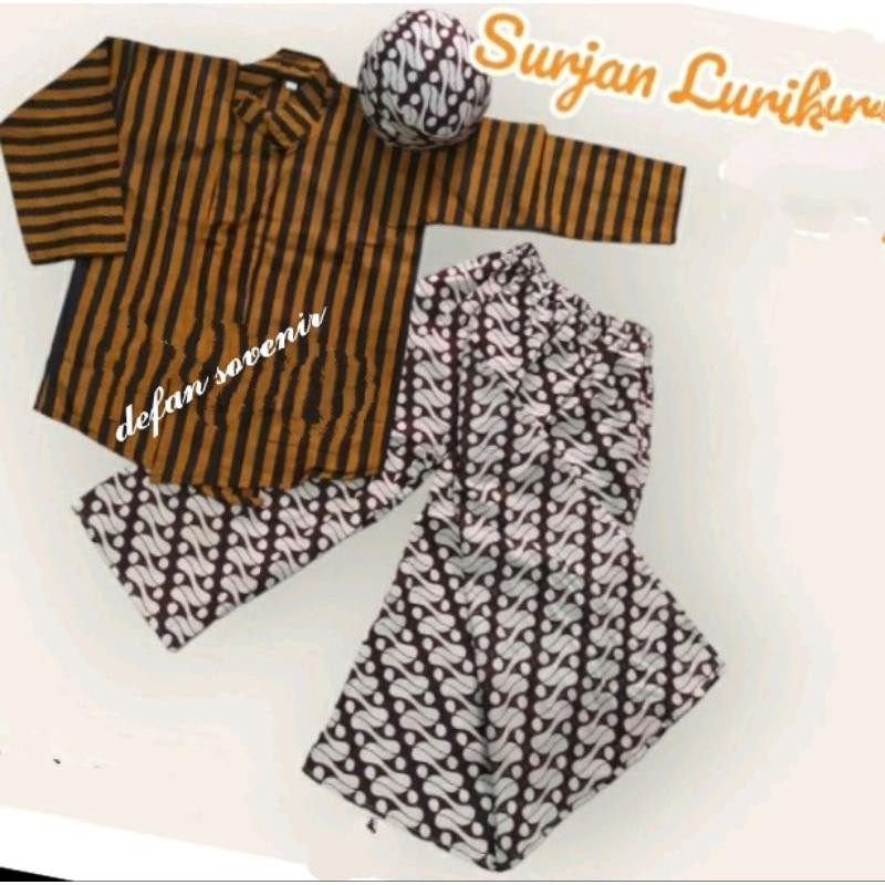Baju Surjan Anak/Baju Lurik+Bawahan Celana Rok Jarik Putih+Blangkon