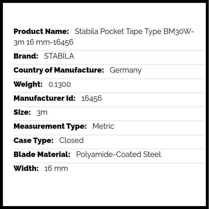 

GRATIS ONGKIR STABILA POCKET TAPE TYPE BM30W-3M 16 MM-16456 !!!!!!