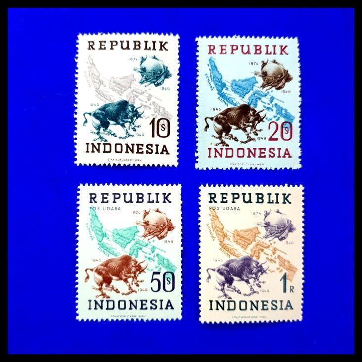 

TERMURAH PRANGKO INDONESIA CETAKAN WINA. BANTENG, PETA, GLOBE. SET (4V) !!!!!