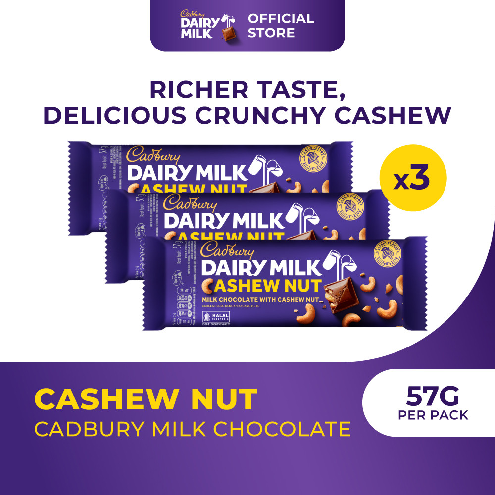 

3pcs Cadbury Coklat Cashew Nut Regular 57g | Camilan coklat susu dan kacang mede yang lembut - Triple Pack x3
