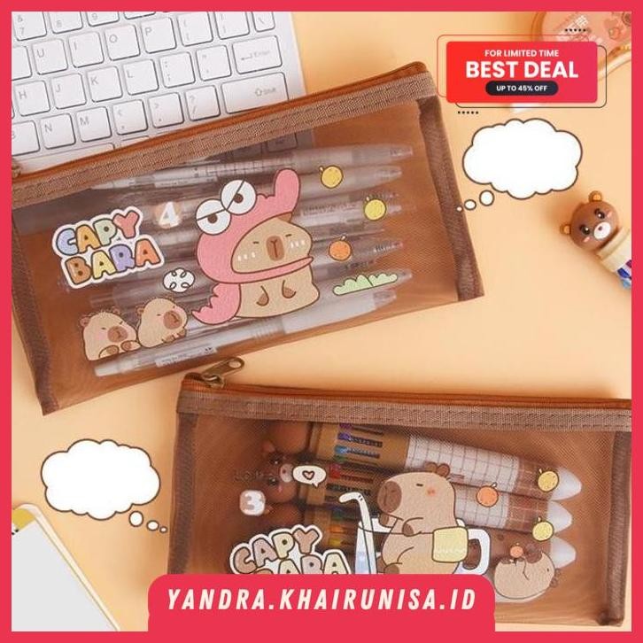 

TEMPAT PENSIL JARING TRANSPARAN BROWN CAPYBARA A6 21 X 11 CM ZIPPER PENCIL COSMETIC BAG DISKON