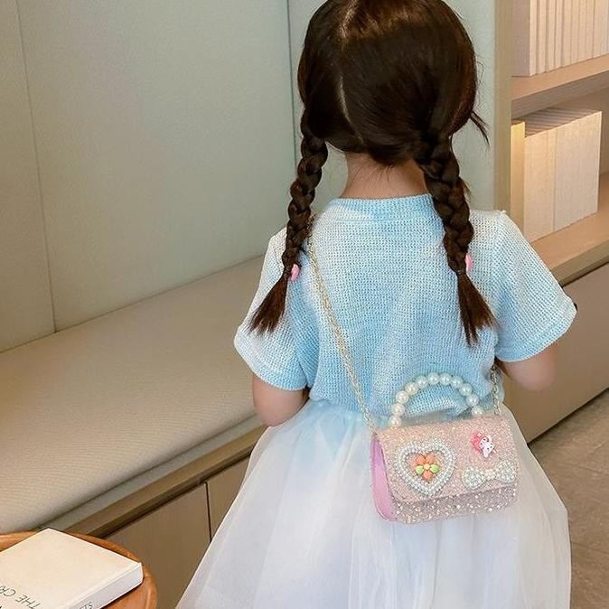 TAS SELEMPANG MUTIARA MANIK CANTIK MEWAH MOTIF LOVE PITA UK 11X14,5X5CM TAS ANAK