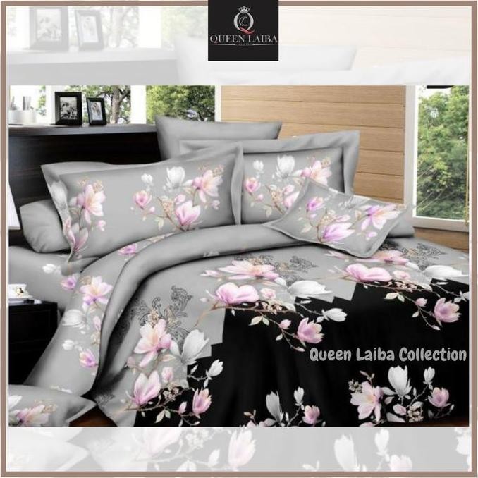 Bed Cover & Sprei Set Motif Lilac Grey Flower Selimut Bedcover 180x200