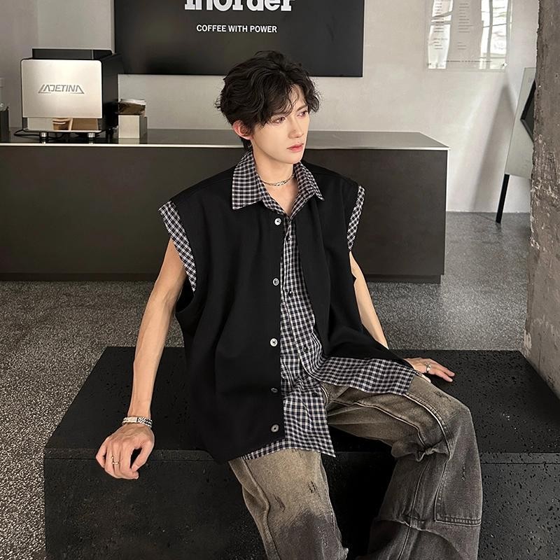 American retro kotak-kotak splicing cardigan kaos tanpa lengan pria musim panas baru longgar kasual 