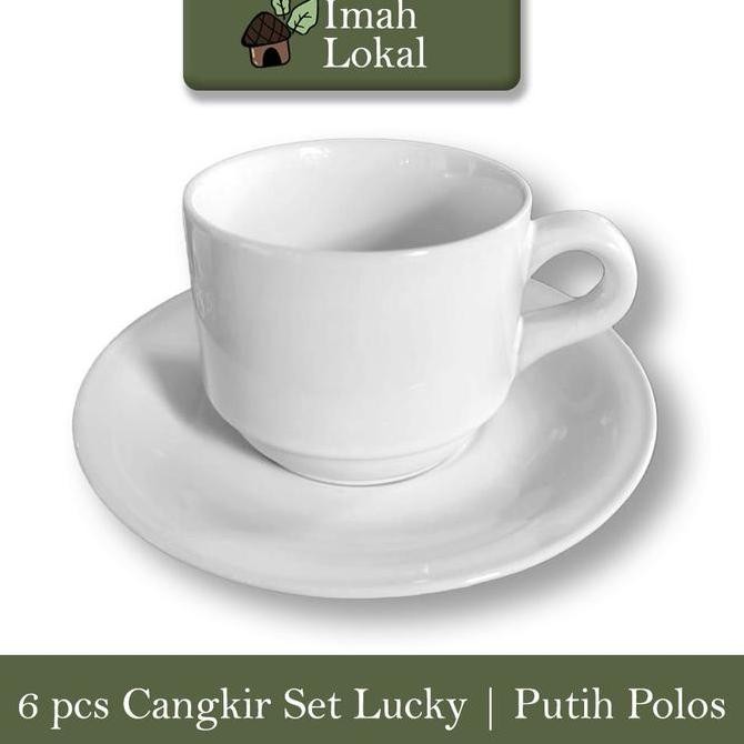 SET 6 CANGKIR KERAMIK LUCKY + TATAKAN GELAS PUTIH POLOS - GELAS MINUM KOPI TEH ESTETIK