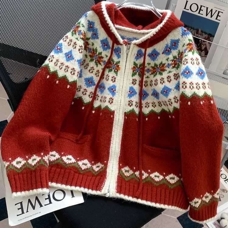Cardigan Sweater Vintage Berkerudung Jacquard Longgar Cardigan Rajut Wanita