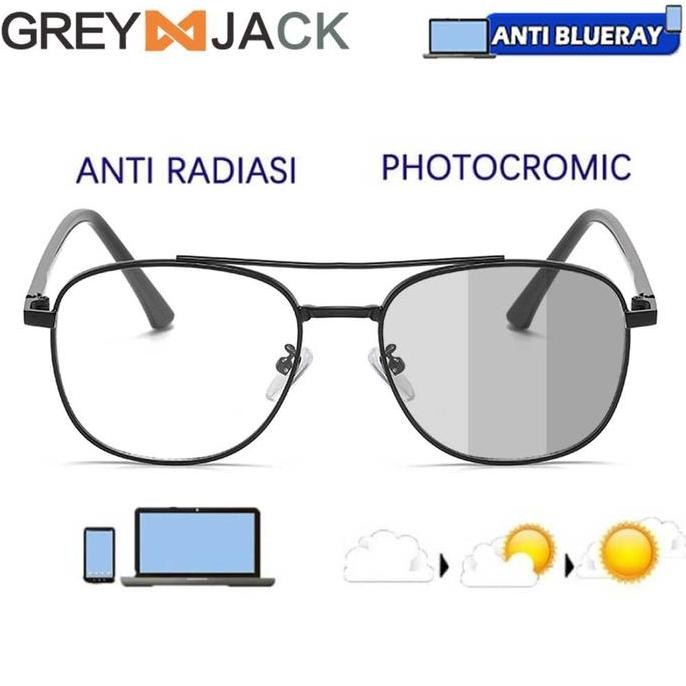 Grey Jack Kacamata 2in1 Blueray Photocromic Bahan Metal Style Aviator 9002 HT