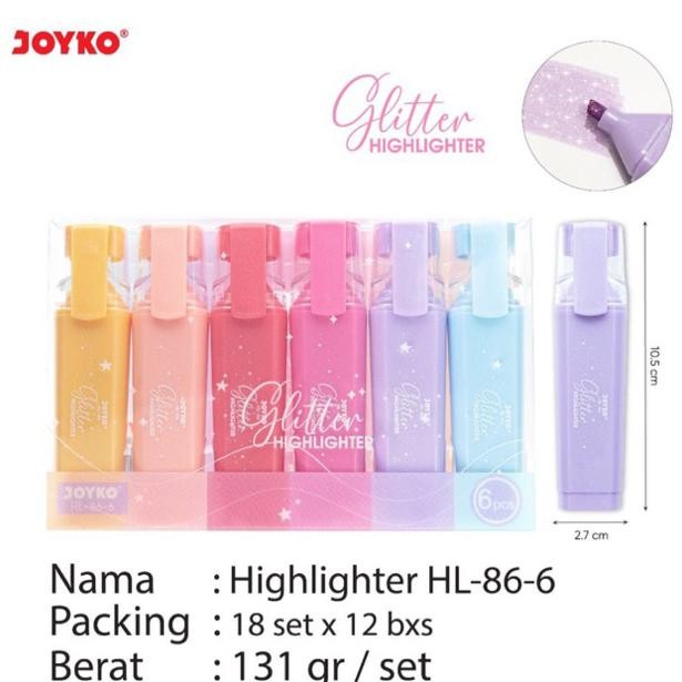 

( 1 set isi 6 warna ) HL86 6 Highlighter Color Glitter Set JOYKO / Penanda Warna Warni Gliter harga 1 set / Stabilo Kilap Warna HL-86-6 / HL-86 DiM
