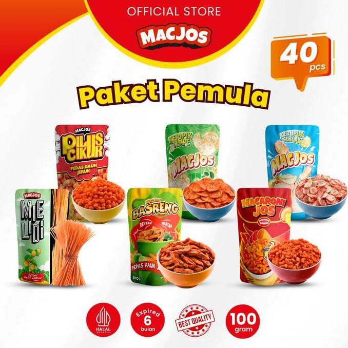 

MACARONI JOS Cemilan Paket Pemula 40pcs - Makaroni Mie Lidi Pilus Cikur Kerupuk Seblak Basreng Keripik Tempe - Isi 6 Varian Produk Food Snack