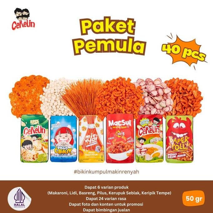 

CEKELIN Cemilan Paket Pemula 40pcs Makaroni Mie Lidi Pilus Kerupuk Seblak Basreng Keripik Tempe Snacks Cemilan Murah Gratis Ongkir