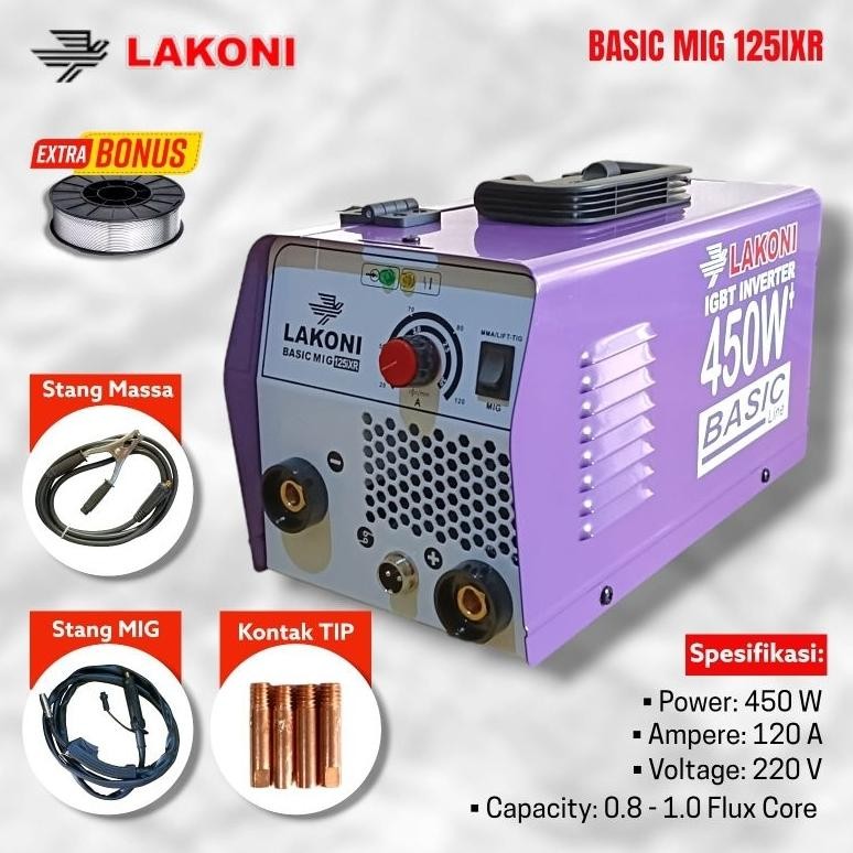 LAKONI Mesin Travo Las MIG Lakoni Basic 125ixr Inverter Welding MIG Tanpa Gas 120A 450 Watt