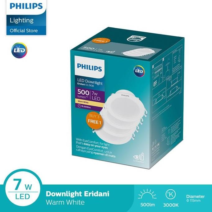 Philips Downlight Multipack Eridani LED6 D100 7W 3000K Warm White Paket