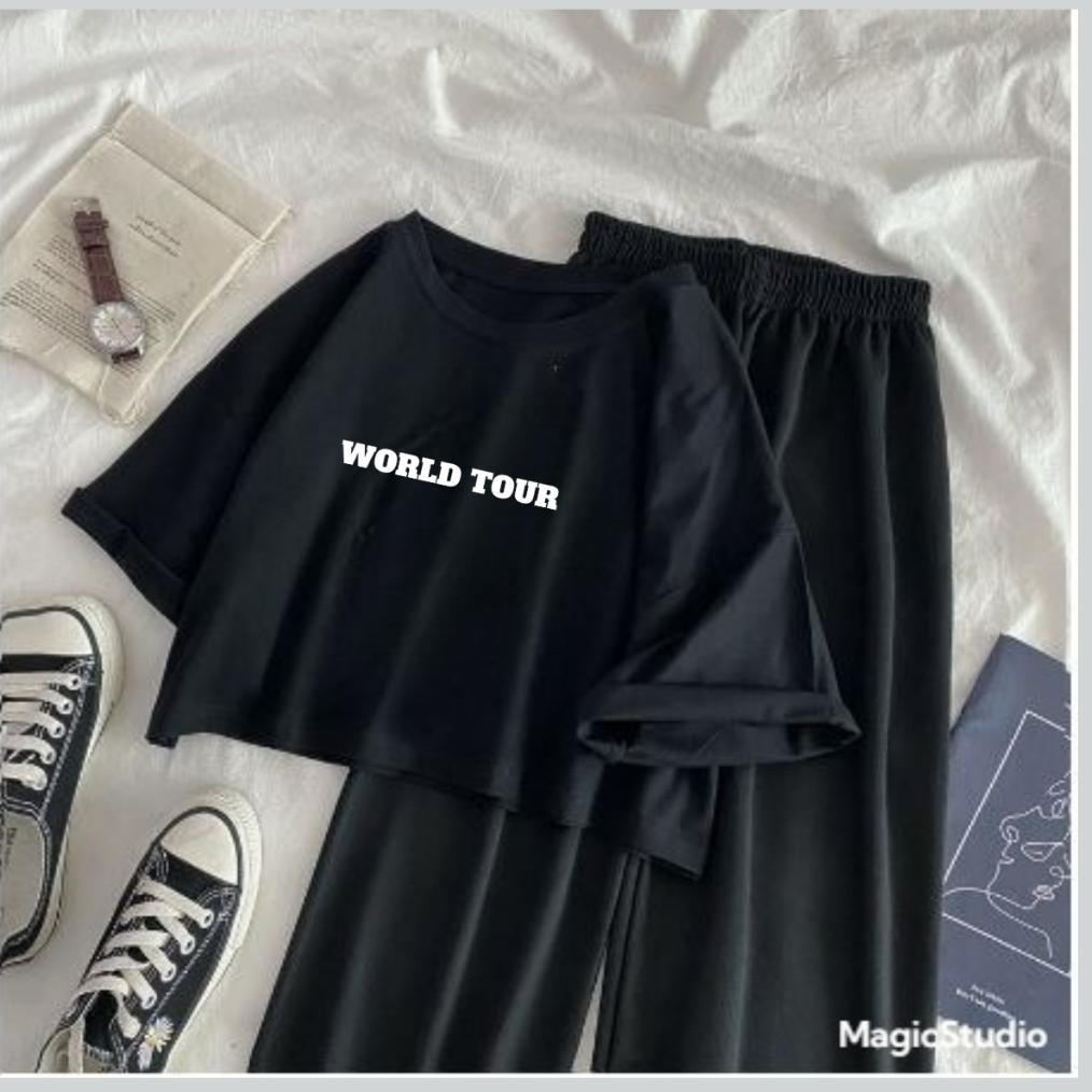 Baju Crop Cewek Korea Setelan Big Size World Tour