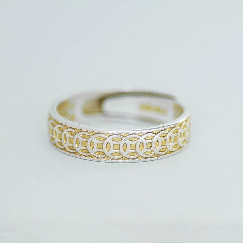 Perak Sterling999.9Cincin Perak Murni Gaya Cina Baru Emas Kuno Inlay Koin Tembaga Terbuka