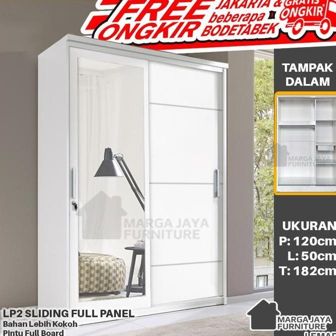 Grosir Lemari Pakaian Baju 2 Pintu Sliding Putih + Kaca Cermin Minimalis