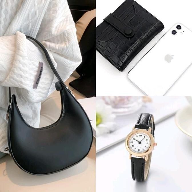Sale Paket Hemat Tas Wanita Bulan Sabit, Dompet Genie, Jam Tangan Small Kulit Wanita - Miniso Tebal 