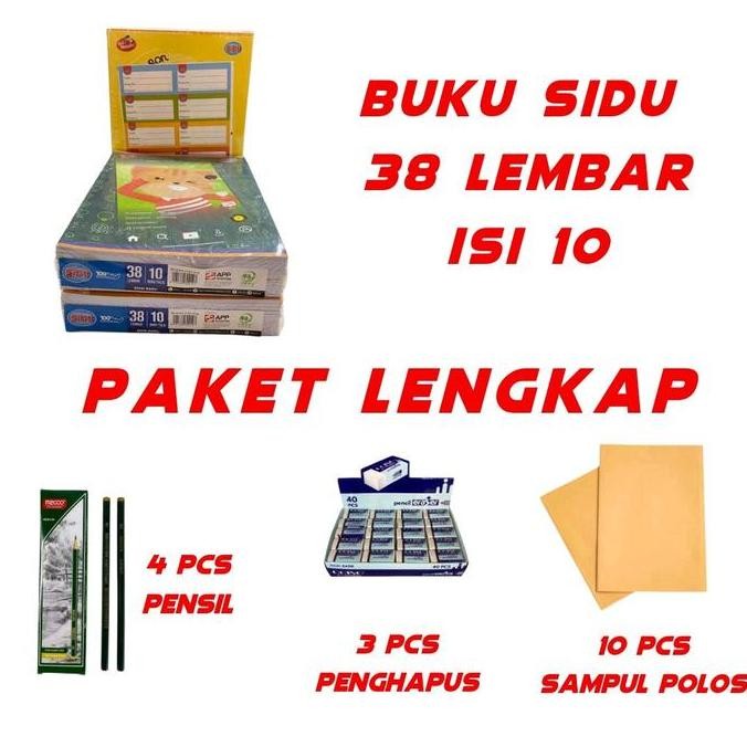 

Buku sidu38 paket murah isi buku sidu 38L isi 10, 4 pcs pensil , 3 penghapus Dan Sampul polos isi 10L