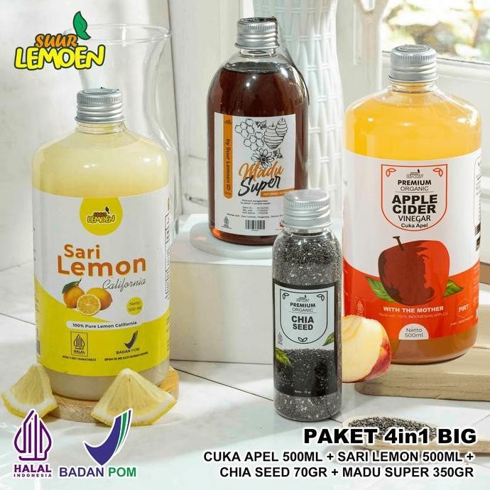 

TERMURAH SUUR LEMOEN PAKET 4IN1 CUKA APEL, SARI LEMON, MADU HUTAN, CHIA SEEDS 500ML