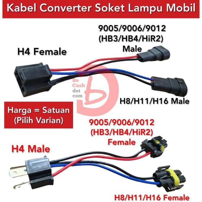 ASLI KABEL SOKET CONVERTER LAMPU MOBIL H4 KE HB3 HB4 HIR2 H8 H11 H16JP SOKET KONVERSI