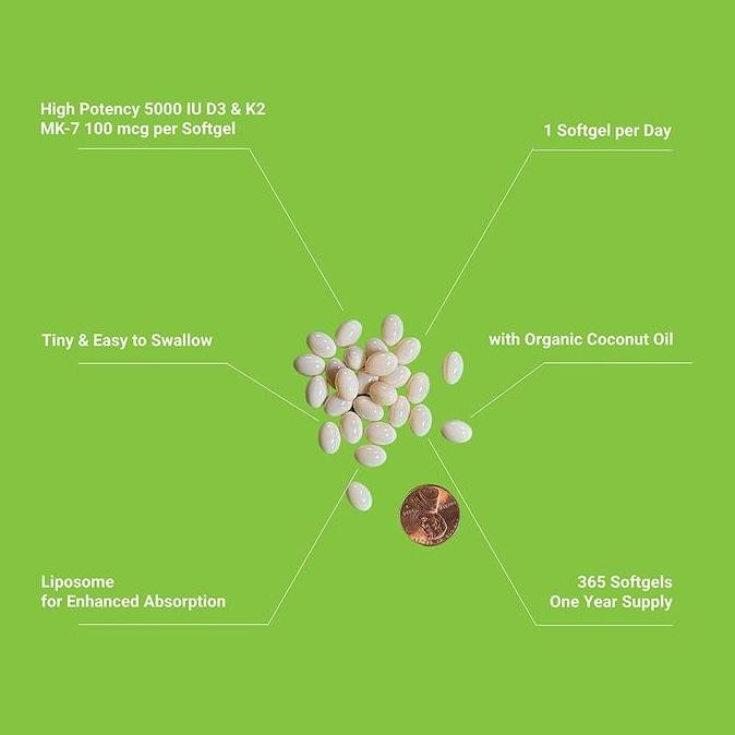 Upnourish Liposomal Vitamin D3 5000IU + K2 (MK-7) 100 Mcg Softgels USA