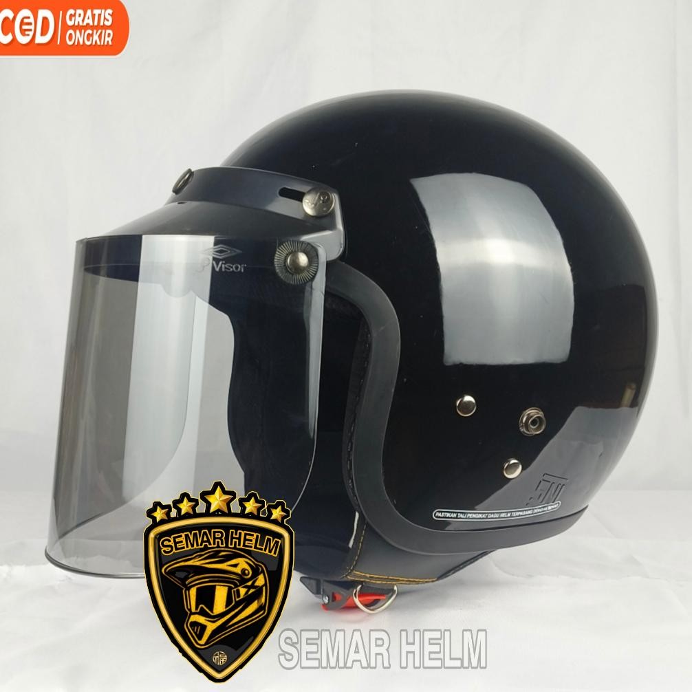(LIS HITAM) HELM BOGO DEWASA WANITA PRIA FULL LEHER SNI - Helm bogo retro KACA DATAR HITAM Terlaris