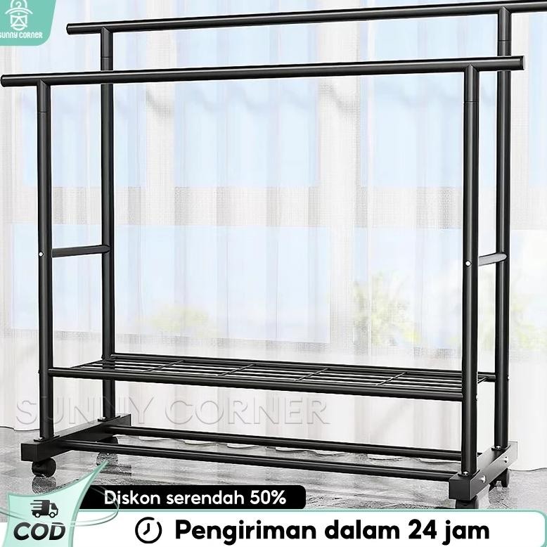 Rak Gantungan Baju Stand Hanger 2 Tingkat Gawang Baju Jemuran Pakaian Portable Jemuran Baju Dengan 4