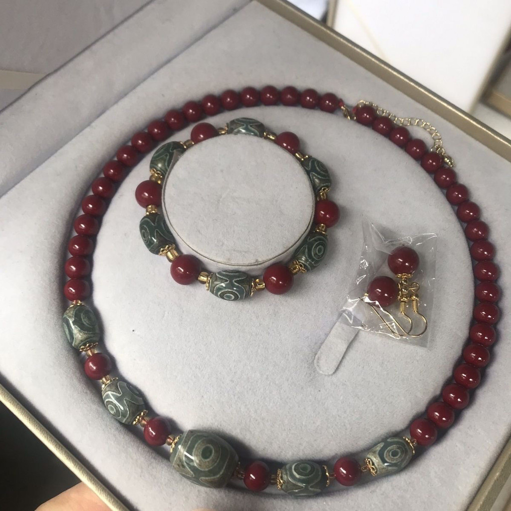 Cinnabar Necklace Tibetan Three Nine Eyes Dzi Bead Set