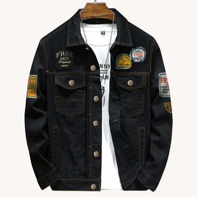 JAKET JEANS TEMPEL HITAM PRIA WANITA Panjang Motif Blazer Casual Formal