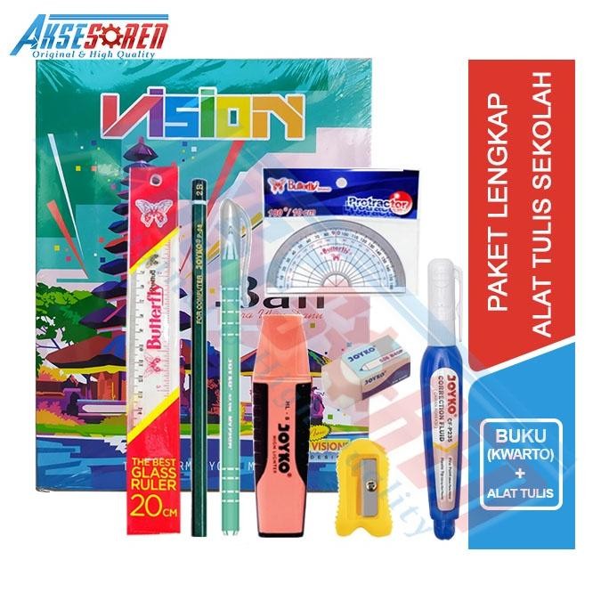 

Paket Alat Tulis Sekolah Anak [ TK / SD / SMP / SMA ] / 1 Set Alat Tulis Sekolah / Perlengkapan Alat Tulis Buku 58 Lembar / Buku Tulis 38 Rautan Pensil P-88 Pulpen Jel JK-100NT Penghapus Kecil Tipe X Highlighter Joyko DiM