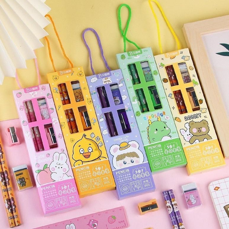 

To94 Mm - Stationery Set 5 In 1 Alat Tulis Anak Sekolah Penghapus Penggaris Pensil Serutan Karakter Lucu Set Alat Tulis Anak Motif Kartun